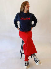 Load image into Gallery viewer, Stella&#39;s Embroidered Crewneck Sweatshirt in Navy with Red Embroidery